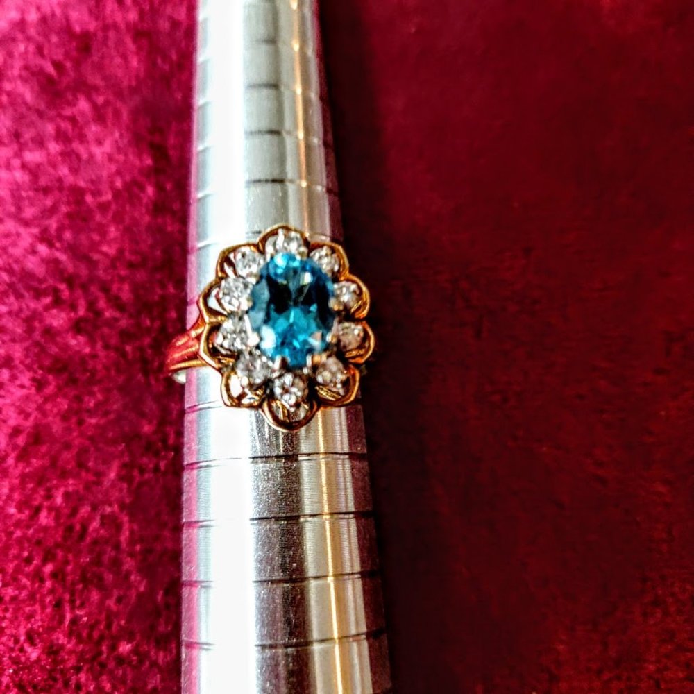 14K Gold Ring with  Blue Topaz & Diamonds 50% Discount + Free Shipping